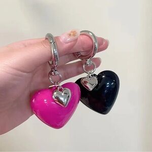 Set of 2 Heart Charm Keychain Pair - One each Pink & Black Heart Charms